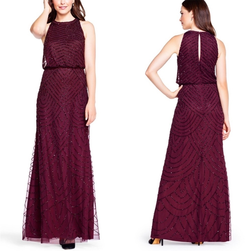 Adrianna Papell Art Deco Beaded Halter Blouson Formal Dress Evening Gown Size 0